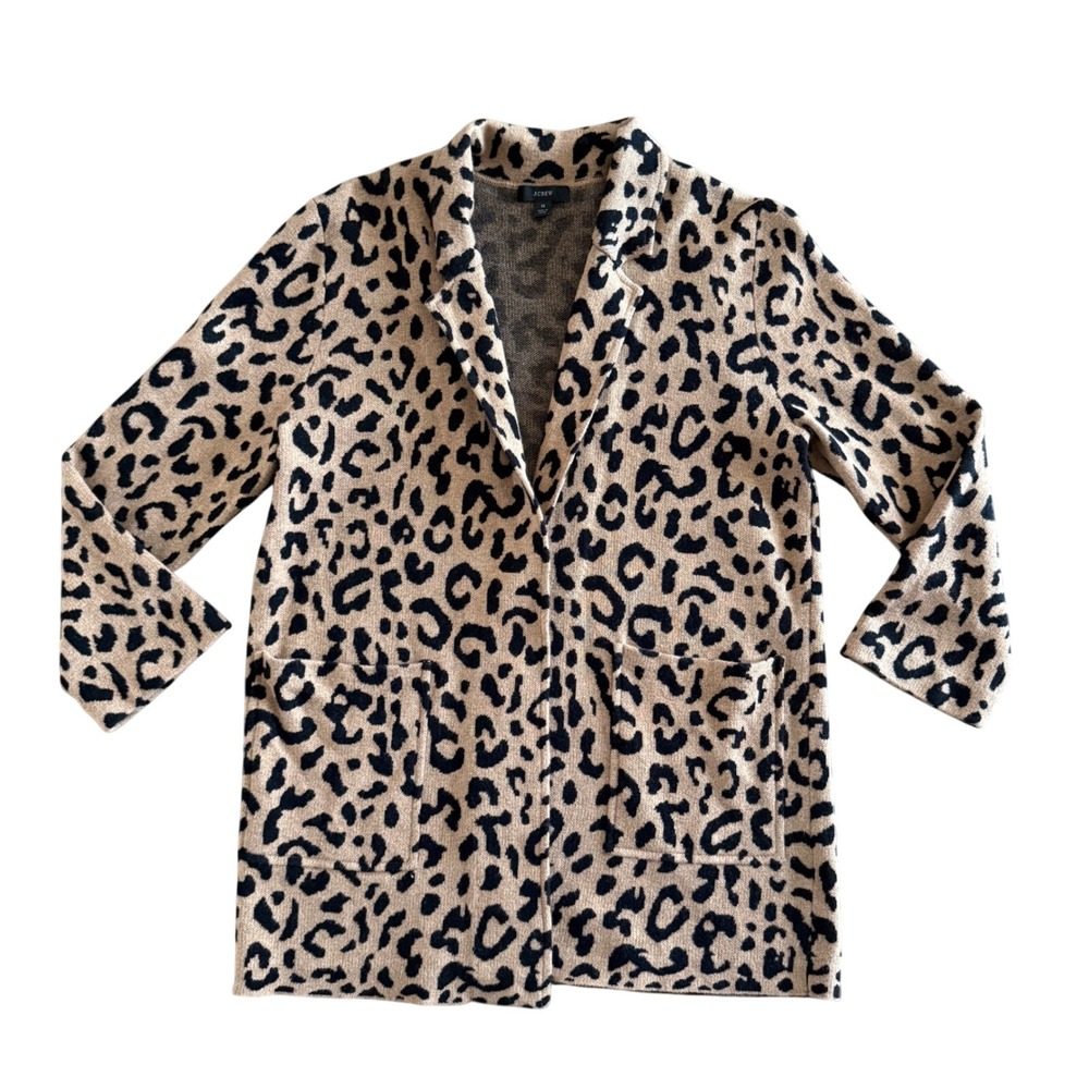 J.Crew Leopard Print Sweater Blazer Cardigan Merino Wool Blend Tan Black Medium